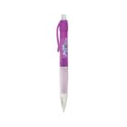 A purple retractable ballpoint pen with a translucent barrel and a pocket clip. The grip section has a light lavender tone, and there is a logo with colorful letters near the top.