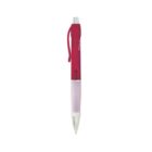 A red retractable ballpoint pen with a gray grip and a clip on the side.
