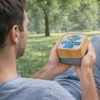 Man sitting on grass in a park holding a Gig Bamboo Bluetooth Speaker with Access Air logo.