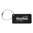 Black rectangular luggage tag with rounded corners, featuring the white text GenTek in the center and diagonal lines above and below. The tag is attached to a looped metal wire with a screw clasp.