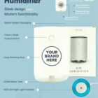 Infographic showcasing an H109 air humidifier. Features include modern design, power/mode control switch, large branding area, RGB LED light, 251ml tank, fine spray technology, and USB cable. Decoration options listed, color available in white.
