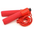 Red jump rope with foam handles, coiled on a white background. The handles are labeled with a space for branding.