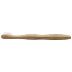 A bamboo toothbrush with white bristles and an ergonomic handle is displayed horizontally against a white background. The handle has text engraved on it, indicating brand information.