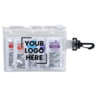 Clear zippered pouch with four small packets of creams inside, labeled for lip ointment, burn cream, and triple antibiotic ointment. The pouch displays Your Logo Here in blue and black text and has a black clip attached.