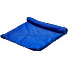 A neatly folded blue microfiber towel with a textured surface. The towel is partially rolled at one end, highlighting its soft and smooth fabric. The background is plain white.
