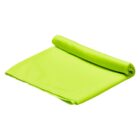 A bright lime green microfiber cloth partially rolled up on a white background.