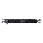A black survival bracelet features a small compass and a buckle. Its woven from durable material and designed for outdoor use.