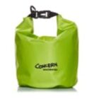 A lime green waterproof bag with a roll-top closure and black buckle. The bag features the text Concern Worldwide on its front in black letters.
