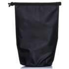 A black waterproof dry bag with a roll-top closure is standing upright. The bag has a slightly shiny texture and a seamless design, suitable for keeping contents dry during outdoor activities.