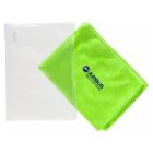 A bright green microfiber towel with the AIRBUS HELICOPTERS logo in blue sits next to a transparent plastic pouch.