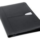 A sleek black leather folder with a silver clasp, closed and laying flat on a white background.