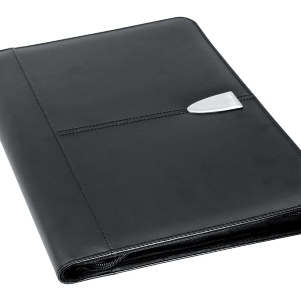 A sleek black leather portfolio folder with a silver accent clasp. The folder is closed and lies flat, showcasing its smooth texture and professional design.