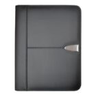 A closed black leather portfolio with a sleek silver clasp on a plain white background.