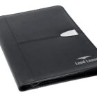 A black leather portfolio folder with a metal latch and a Lend Lease logo in the bottom right corner. The folder is closed and resting on a white background.