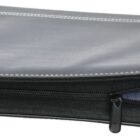 A black zippered portfolio folder with visible stitching is partially open, revealing a notepad inside.