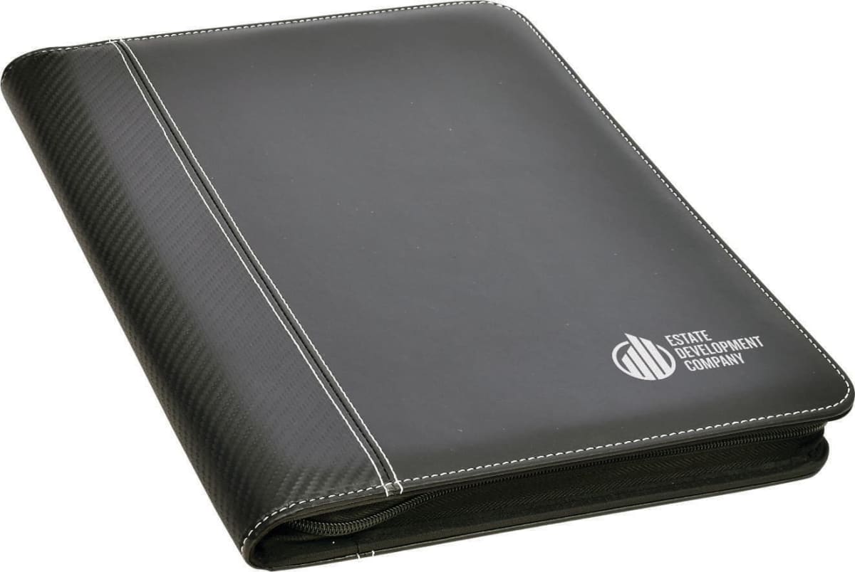A black leather-bound portfolio with white stitching and a zipper closure. It features the Estate Development Company logo in white on the front cover.