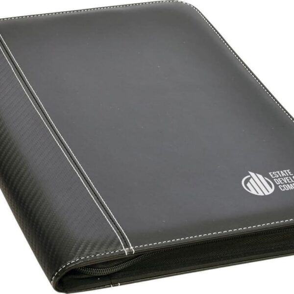 A black leather portfolio with white stitching and a zipper, featuring the Estate Development Company logo in white on the bottom right corner.