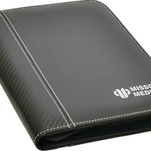 A black zippered portfolio with the logo and text Misson Media in the bottom right corner. The portfolio has a sleek design with white stitching along the edges.