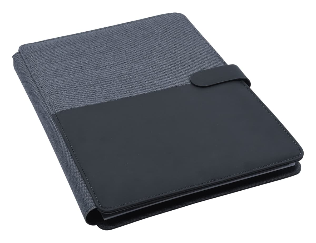 A sleek gray and black fabric folder with a flap closure is neatly closed and displayed against a white background. The top part is gray, while the bottom section is black, creating a modern and professional look.