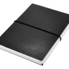 A closed black leather journal with an elastic band wrapped around it, resting on a white background. The pages are visible along the edges, giving it a sleek and minimalist look.