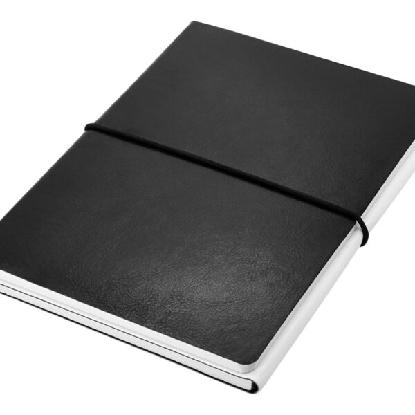 A closed black notebook with a textured cover and an elastic band wrapped around it. The notebook has white pages and lies on a white background.