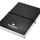 A closed black notebook with HINDMARSH Construction printed on the cover in white letters. It is secured with a black elastic band around the center.
