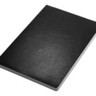 A closed black leather-bound notebook set against a plain white background.