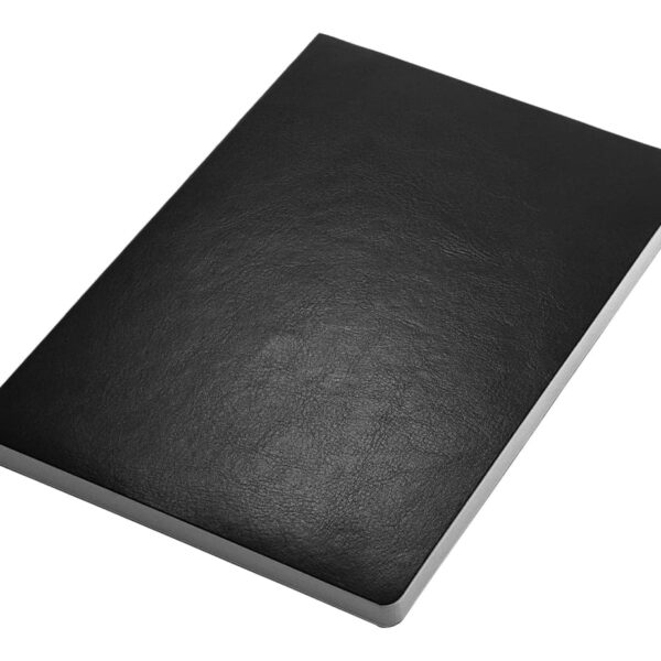 A closed black leather-bound notebook set against a plain white background.