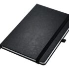 A closed black leather-bound notebook with a black elastic band. It has a matching ribbon bookmark and a pen loop on the side.