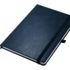 A closed black leather notebook with an elastic strap wrapped around it. A ribbon bookmark is partially visible at the bottom. The notebook is on a plain white background.