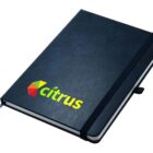 A black notebook with an elastic band, featuring a colorful logo that says citrus on the cover.
