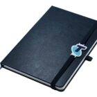 A closed black notebook with a black elastic strap, featuring a blue and purple logo on the strap. A blue ribbon bookmark is slightly visible at the edge. The notebook has a pen loop on the side.