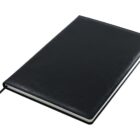 A closed black leather-bound notebook with a ribbon bookmark on a white background.