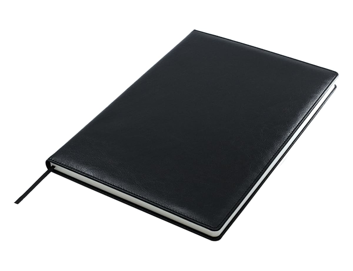 A closed black leather-bound notebook with a ribbon bookmark on a white background.