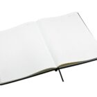 Open notebook with lined pages and a black ribbon bookmark, set against a plain white background. The notebook lies flat, showcasing its wide open pages.