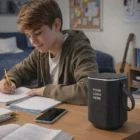 Teen boy studying with books, phone, and Jolt Bluetooth Speakers featuring Your Logo Here.