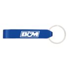 A blue keychain bottle opener with the letters B&M in white on it. The opener is attached to a silver keyring.