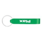 A green bottle opener keychain with the word PLAX printed in white capital letters. The keychain features a metal ring attached to the end.