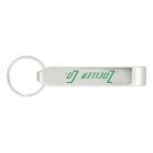 A silver metal keychain with a bottle opener attachment and a circular keyring. The keychain features green text reading ZOLLER LP. The design is simple and sleek, suitable for holding keys or opening bottles.
