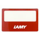 A red rectangular magnifier with a ruler on the top edge, marked in centimeters up to 5 cm. The word LAMY is printed in white on the bottom portion beneath the lens.