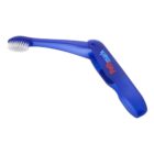 A blue folding travel toothbrush with white bristles, partially opened. The handle features the name Pathmark printed in red and white.