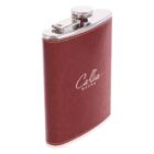 A brown leather-wrapped stainless steel flask with a screw-on cap. The flask is embossed with the text Callia Magna in elegant script on the front. The cap is attached to the top for secure storage.