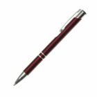 A sleek, red ballpoint pen with silver accents, including a clip, tip, and two bands near the grip, set against a plain white background.