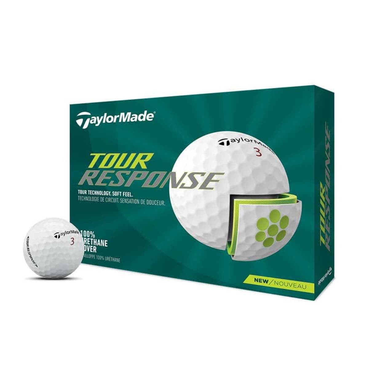 Image of a TaylorMade Tour Response golf ball box with a graphic of a golf ball and its cross-section. The box is green and white, showing a detailed 3-layer ball structure. The text highlights technology and softness.