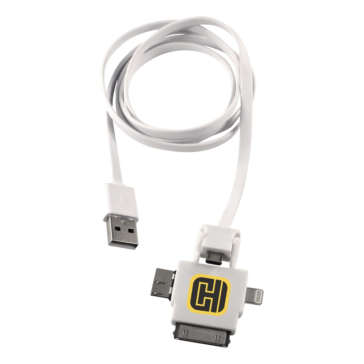 A multi-connector charging cable with a USB plug and three different connectors at the other end, including a micro USB and other types, coiled neatly. The central hub features a logo with the letters CH in black and yellow.