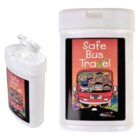 A container of wipes with a label showing an illustration of a bus filled with children. The text reads Safe Bus Travel. The container is white with a lid, and the label is colorful, featuring a cartoon-style design.