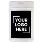 A white cylindrical container with a flip-top lid. The front label is black with bold white text that reads YOUR LOGO HERE surrounded by thin white corner brackets.