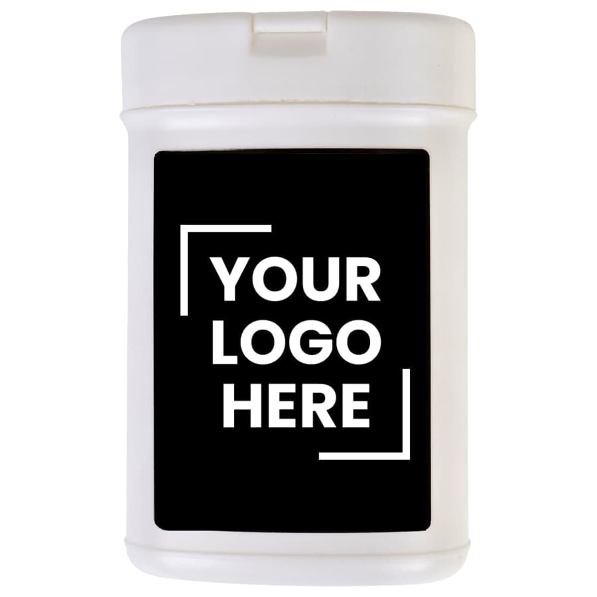 A white cylindrical container with a flip-top lid. The front label is black with bold white text that reads YOUR LOGO HERE surrounded by thin white corner brackets.
