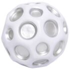 A spherical white ball with multiple circular cutouts, each containing a metallic silver disc.
