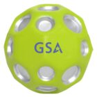 A yellow-green spherical object with multiple round holes and the letters GSA in blue on its surface.